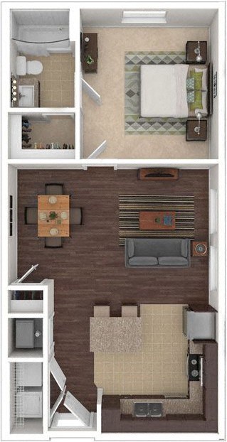 a bedroom with a bed and a mirror